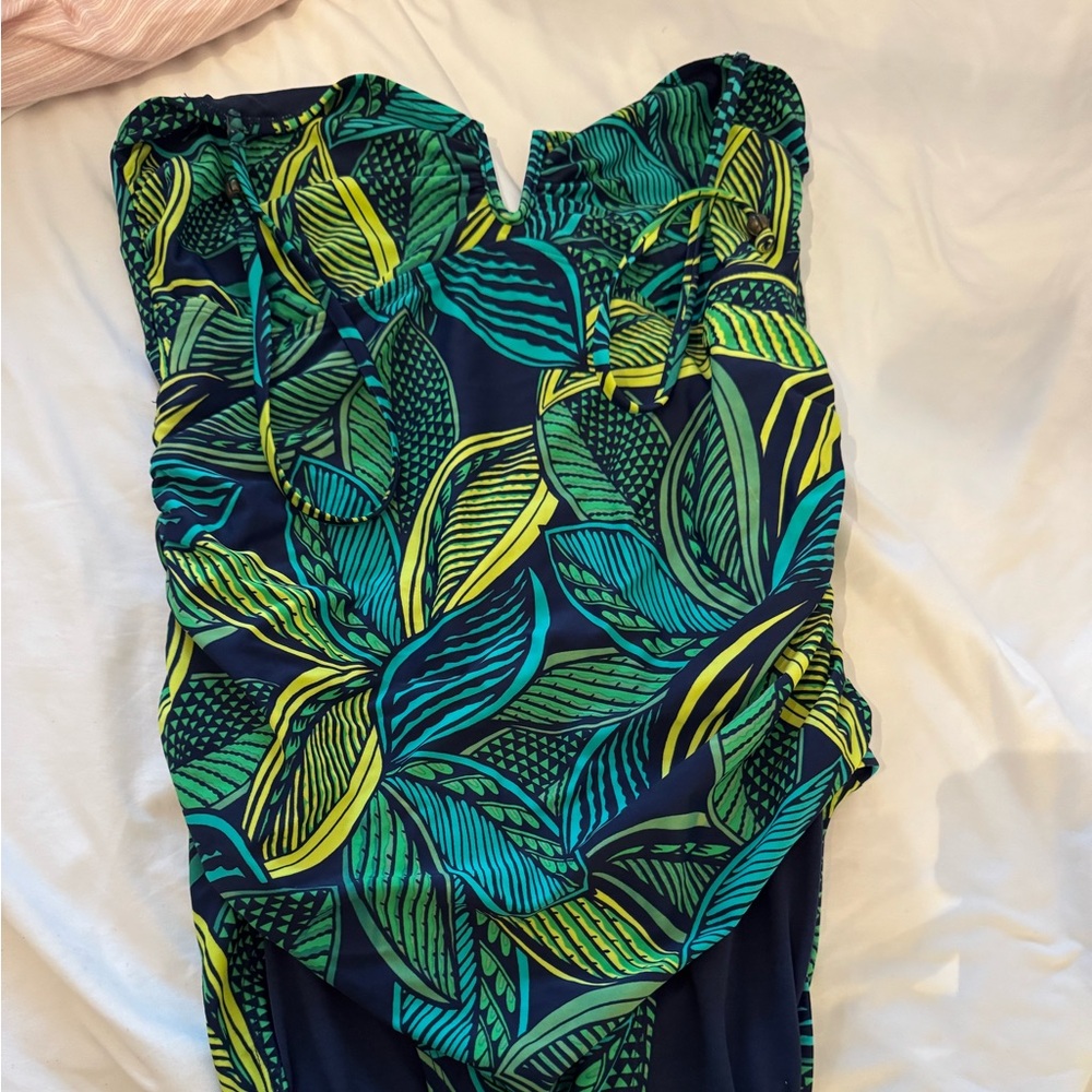 Old Navy Green and Yellow One Piece Swimsuit Tropical Leaf Design